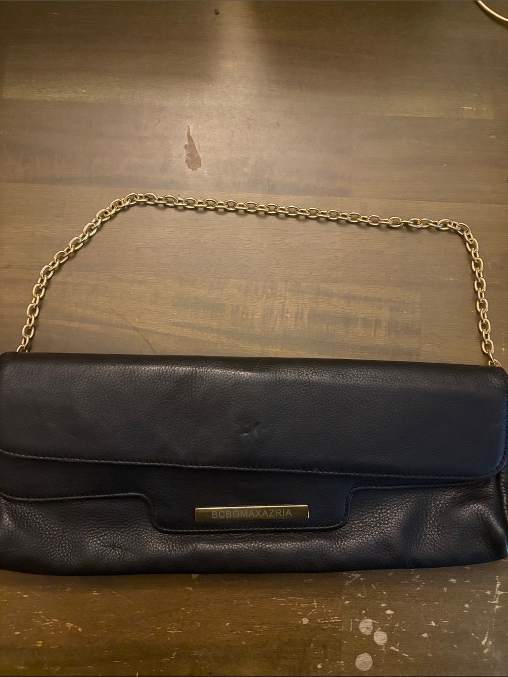 BCBGMaxAzria Black Leather Clutch with Gold Chain Strap